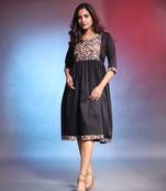 Black solid gathered cotton ethnic dress with printed patchwork