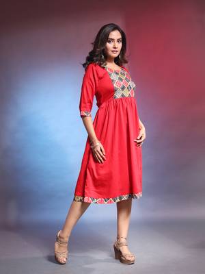 Red solid gathered cotton ethnic dress with printed patchwork 2