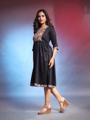 Black solid gathered cotton ethnic dress with printed patchwork 2