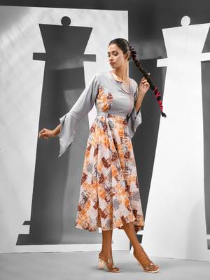 White & grey chinon ethnic dress with printed work 2