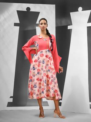 Peach chinon ethnic dress with printed work 1