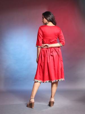 Red solid gathered cotton ethnic dress with printed patchwork 3