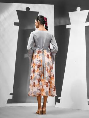 White & grey chinon ethnic dress with printed work 3