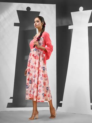 Peach chinon ethnic dress with printed work 2