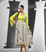 Lime green chinon ethnic dress with printed work