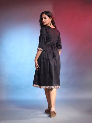 Black solid gathered cotton ethnic dress with printed patchwork 3