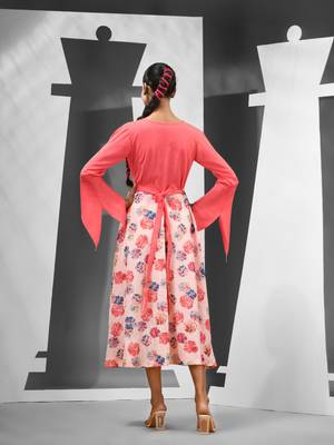 Peach chinon ethnic dress with printed work 3