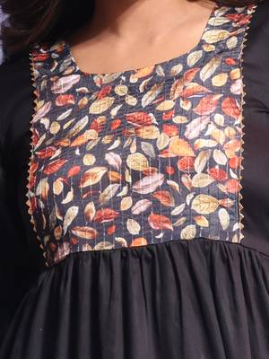 Black solid gathered cotton ethnic dress with printed patchwork 4
