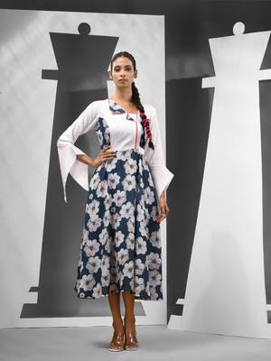 Aegean blue & white chinon ethnic dress with printed work 1