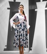 Aegean blue & white chinon ethnic dress with printed work