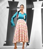 White & sapphire blue chinon ethnic dress with printed work