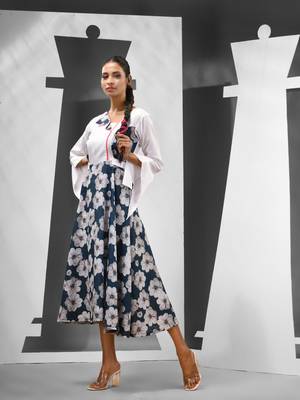 Aegean blue & white chinon ethnic dress with printed work 2