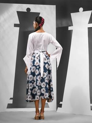 Aegean blue & white chinon ethnic dress with printed work 3