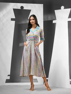 Multicolour cotton midi ethnic dress with stripes 1