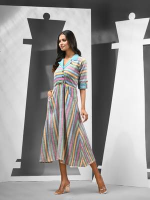 Multicolour cotton midi ethnic dress with stripes 2