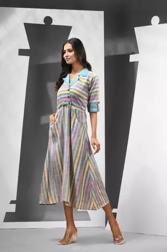 Multicolour cotton midi ethnic dress with stripes