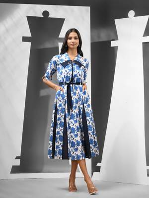 White cotton floral printed ethnic dress with panelled work 1