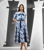 White cotton floral printed ethnic dress with panelled work