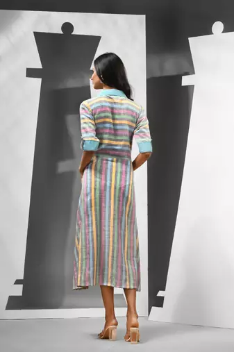 Multicolour cotton midi ethnic dress with stripes