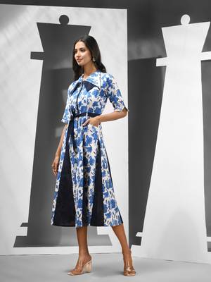 White cotton floral printed ethnic dress with panelled work 2
