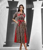 Black cotton floral printed ethnic dress with panelled work