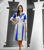 White & blue cotton ethnic dress with panelled detailing