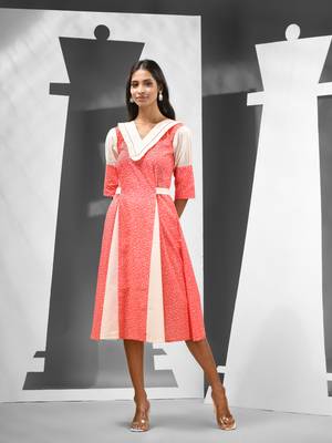 Red cotton ethnic dress with panelled detailing 1