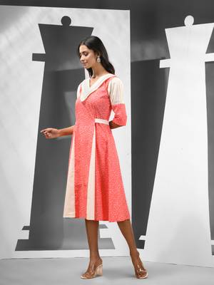 Red cotton ethnic dress with panelled detailing 2