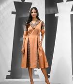 Peach cotton ethnic dress with woven buttas & printed patchwork