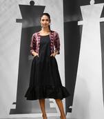 Black cotton ruffled ethnic dress with printed jacket