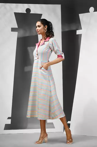 Multicolour cotton midi ethnic dress with stripes