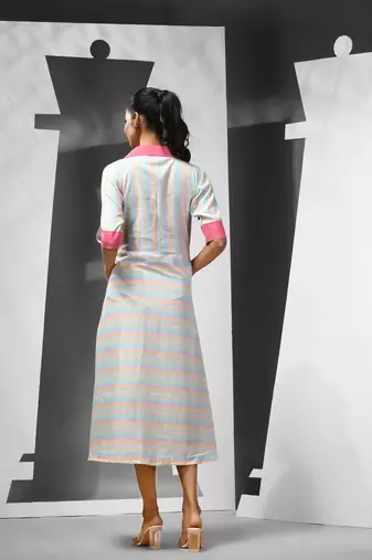 Multicolour cotton midi ethnic dress with stripes