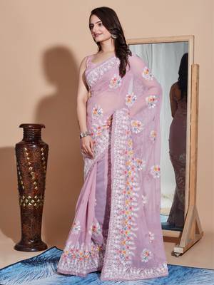 Onion pink georgette embroidery work saree with blouse piece 1