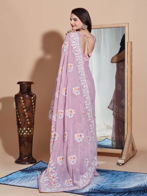 Onion pink georgette embroidery work saree with blouse piece 2