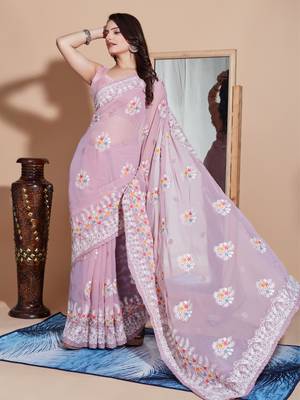 Onion pink georgette embroidery work saree with blouse piece 3