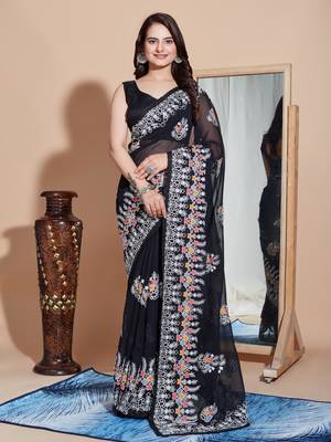 Blackg eorgette embroidery work saree with blouse piece 1