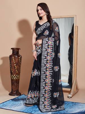 Blackg eorgette embroidery work saree with blouse piece 2