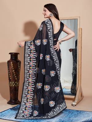 Blackg eorgette embroidery work saree with blouse piece 3