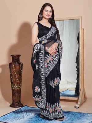 Blackg eorgette embroidery work saree with blouse piece 4