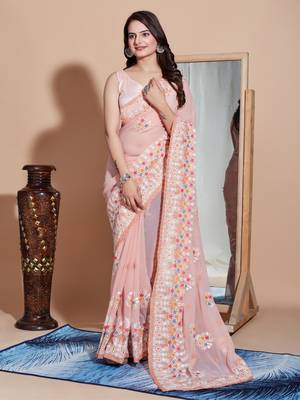 Peach georgette embroidery work saree with blouse piece 1