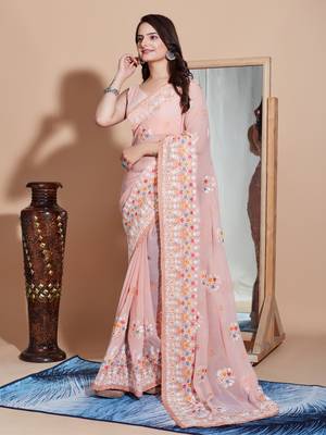 Peach georgette embroidery work saree with blouse piece 2
