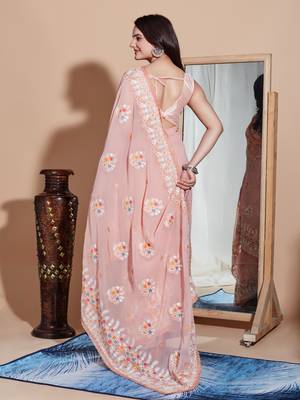 Peach georgette embroidery work saree with blouse piece 3
