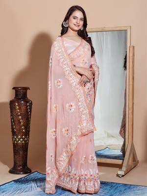 Peach georgette embroidery work saree with blouse piece 4