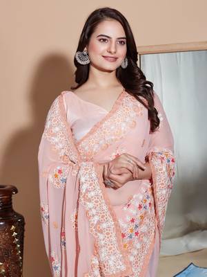Peach georgette embroidery work saree with blouse piece 5