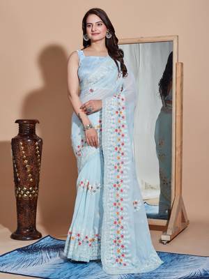 Sky bluegeorgette embroidery work saree with blouse piece 1