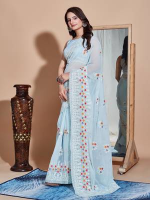 Sky bluegeorgette embroidery work saree with blouse piece 2