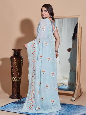 Sky bluegeorgette embroidery work saree with blouse piece 3