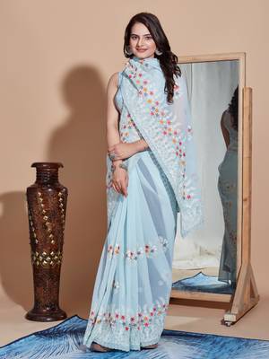 Sky bluegeorgette embroidery work saree with blouse piece 4