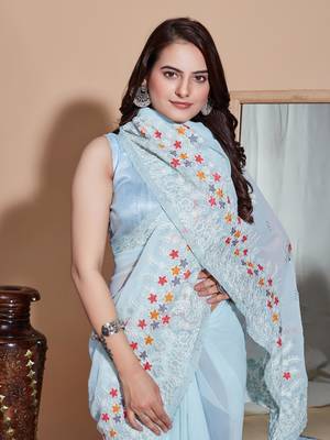 Sky bluegeorgette embroidery work saree with blouse piece 5