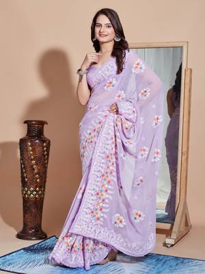 Lovender georgette embroidery work saree with blouse piece 2